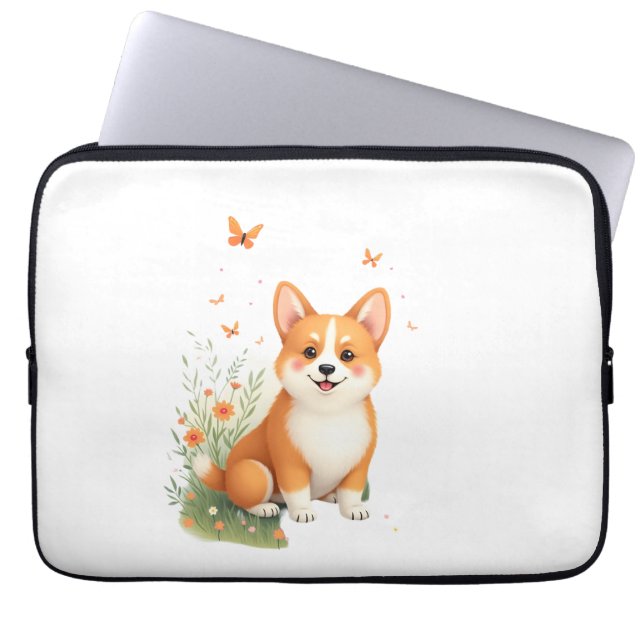 Akita Hond met Bloem en Vlinder T Shirt Laptop Sleeve (Voorkant)