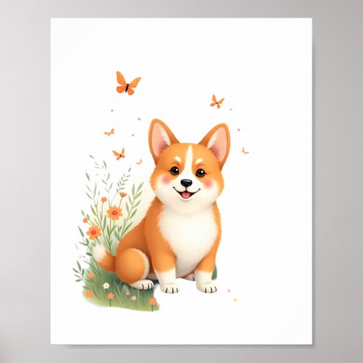 Akita Hond met Bloem en Vlinder T Shirt Poster (Voorkant)