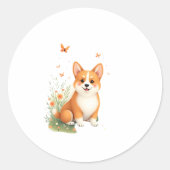 Akita Hond met Bloem en Vlinder T Shirt Ronde Sticker (Voorkant)