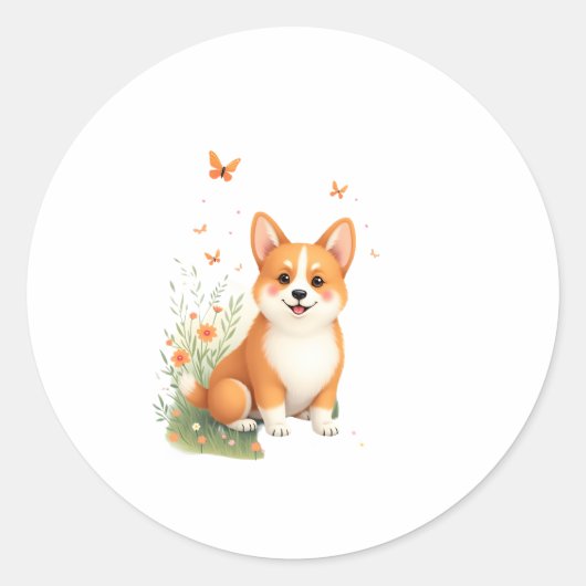 Akita Hond met Bloem en Vlinder T Shirt Ronde Sticker (Voorkant)