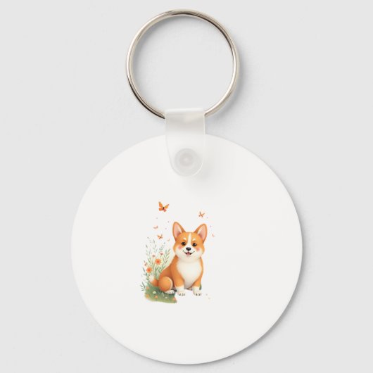 Akita Hond met Bloem en Vlinder T Shirt Sleutelhanger (Voorkant)