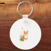 Akita Hond met Bloem en Vlinder T Shirt Sleutelhanger (Voorkant)