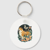 Akita Hond met Bloem en Vlinder T Shirt Sleutelhanger (Voorkant)