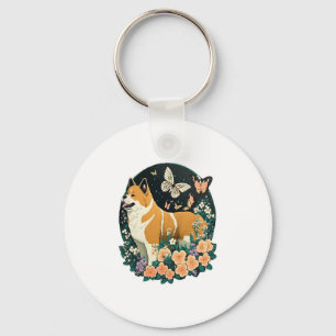 Akita Hond met Bloem en Vlinder T Shirt Sleutelhanger