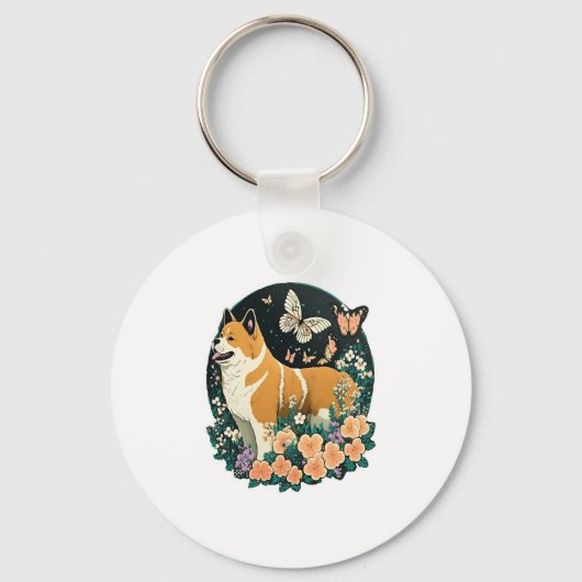 Akita Hond met Bloem en Vlinder T Shirt Sleutelhanger (Voorkant)