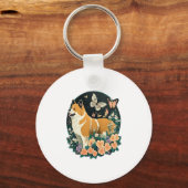 Akita Hond met Bloem en Vlinder T Shirt Sleutelhanger (Voorkant)