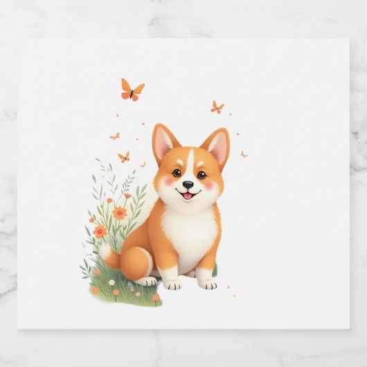 Akita Hond met Bloem en Vlinder T Shirt Sparkling Wijnetiket (Enkel label)