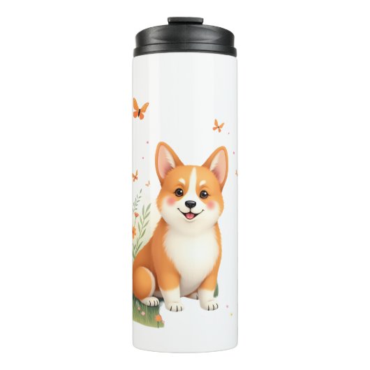Akita Hond met Bloem en Vlinder T Shirt Thermosbeker (Voorkant)