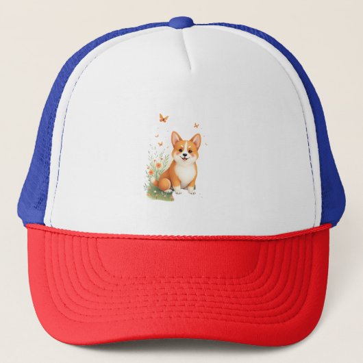 Akita Hond met Bloem en Vlinder T Shirt Trucker Pet (Voorkant)