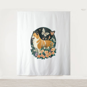 Akita Hond met Bloem en Vlinder T Shirt Wandkleed