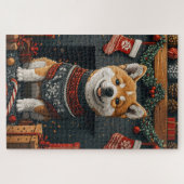 Akita-hond met kerstcadeaus bij de open haard legpuzzel (Horizontaal)