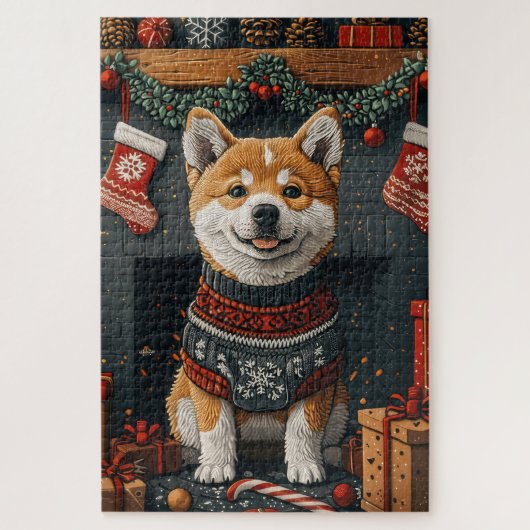 Akita-hond met kerstcadeaus bij de open haard legpuzzel (Verticaal)