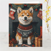 Akita hond met kerstcadeaus open haard kaart (Gele Bloem)