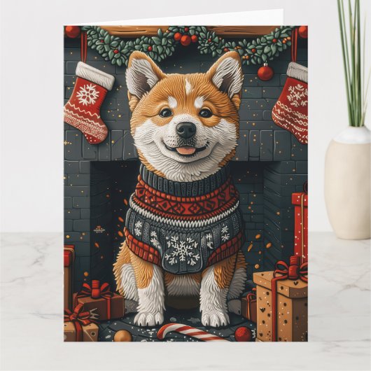 Akita hond met kerstcadeaus open haard kaart (Voorkant)