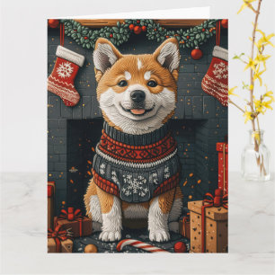 Akita hond met kerstcadeaus open haard kaart