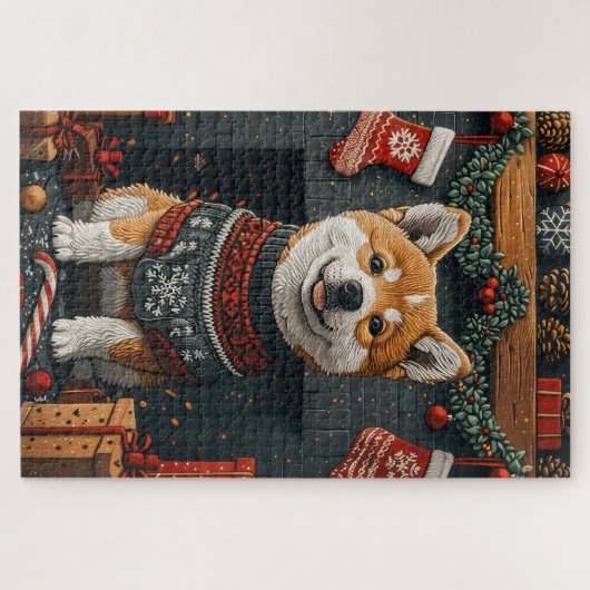 Akita hond met kerstcadeaus open haard legpuzzel (Horizontaal)