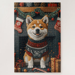 Akita hond met kerstcadeaus open haard legpuzzel