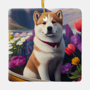 Akita-hond op een peddel: een landschappelijk avon keramisch ornament