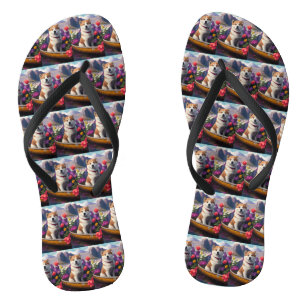 Akita-hond op een peddel: een landschappelijk avon teenslippers