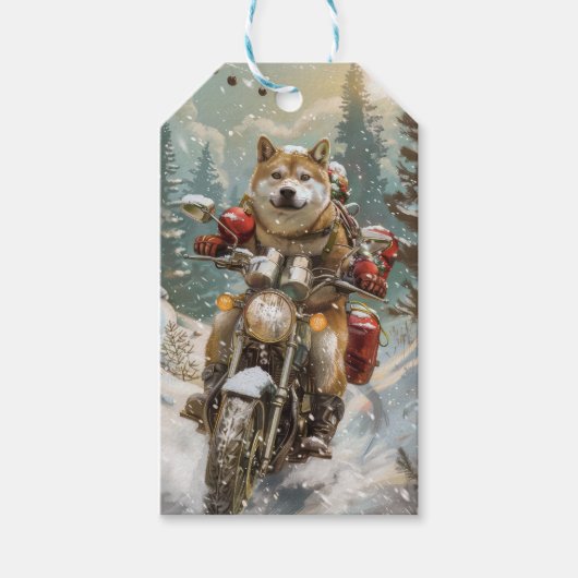 Akita Hond Rijden Motorfiets Kerstmis Cadeaulabel (Voorkant)