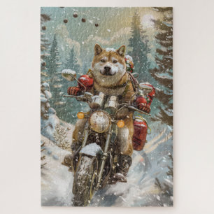 Akita Hond Rijden Motorfiets Kerstmis Legpuzzel