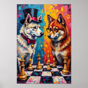 Akita Hond Schaakt Pop Art Poster