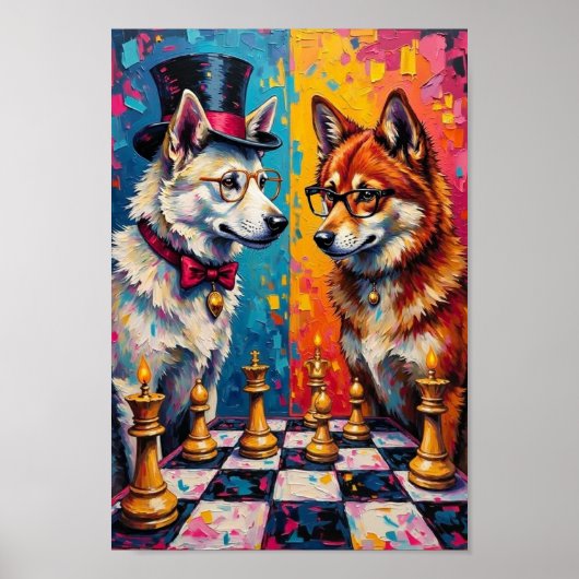 Akita Hond Schaakt Pop Art Poster (Voorkant)