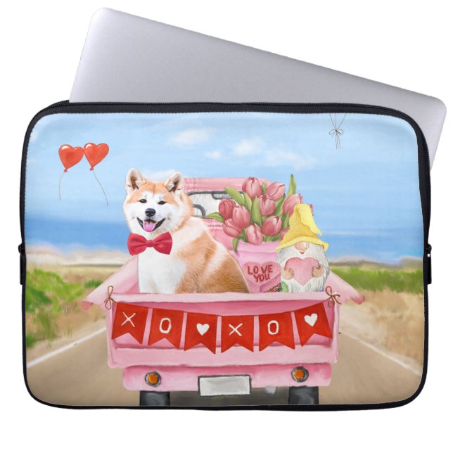 Akita-hond Valentijnsdag vrachtauto harten Laptop Sleeve (Voorkant)