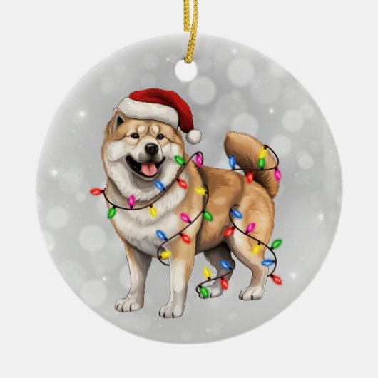 Akita Hond Verpakt in Kerstverlichting Keramisch Ornament (Voorkant)