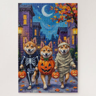 Akita-honden gaan langs de deuren in Halloween-kos Legpuzzel