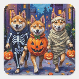 Akita-honden gaan langs de deuren in Halloween-kos Vierkante Sticker