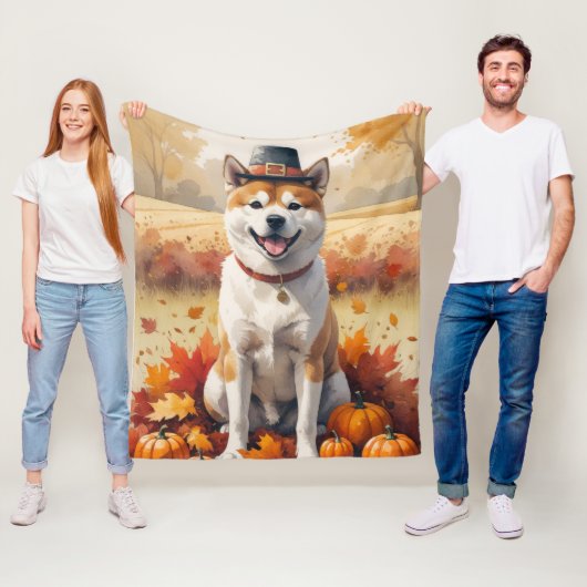 Akita in herfstbladeren dankdag kunst fleece deken (In situ)