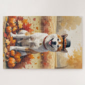 Akita in herfstbladeren dankdag kunst legpuzzel (Horizontaal)