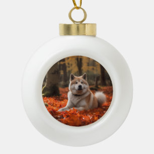 Akita in herfstbladeren vallen geïnspireerd keramische bal ornament