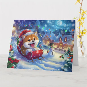 Akita in slee met sneeuw Kerstmis Kaart