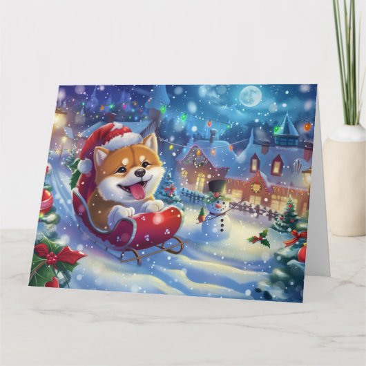 Akita in Sleigh Sneeuwkerst Kaart (Voorkant)