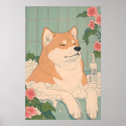 Akita Inu Bathroom Print Funny Dog in Bathtub (Voorkant)