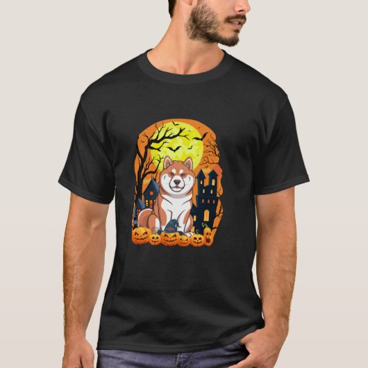 Akita Inu hond met pompoenen Grappig Enge Hallowee T-shirt (Voorkant)