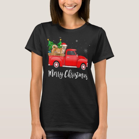 Akita Inu Red Truck Kerstboom Xmas Dog T-shirt (Voorkant)