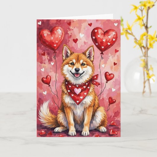 Akita Inu Valentine Dog Sitting with Hearts Red Kaart (Gele Bloem)