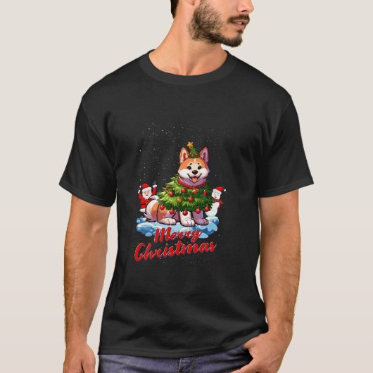 Akita Inu Vrolijke Kerstboom Lichten Hond X Mas Do T-shirt (Voorkant)