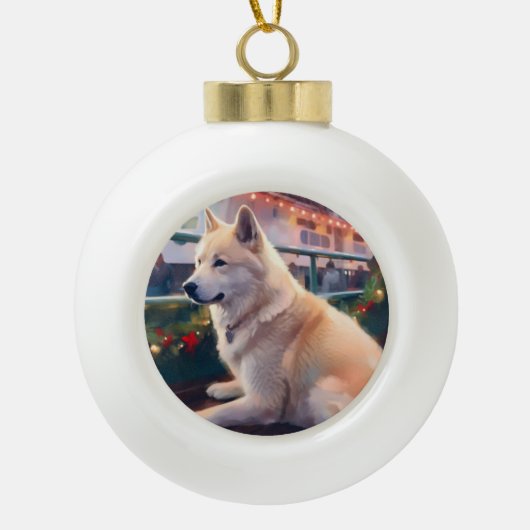 Akita Kerst Cruise: Pawsome Holiday Delight Keramische Bal Ornament (Voorkant)