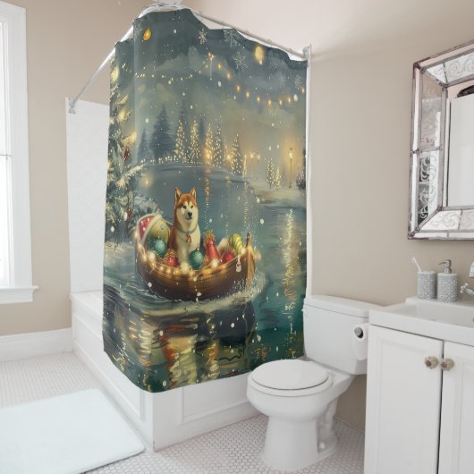 Akita Kerst Feestelijke reis Douchegordijn (In situ)