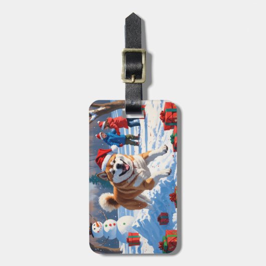 Akita Kerst Feestelijke Sneeuwscène Bagagelabel (Voorkant verticaal)