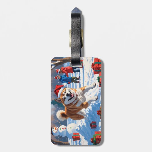 Akita Kerst Feestelijke Sneeuwscène Bagagelabel (Achterkant verticaal)