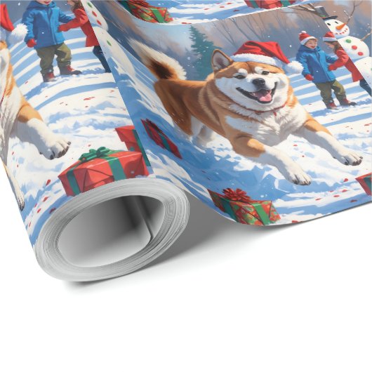 Akita Kerst Feestelijke Sneeuwscène Cadeaupapier (Rol Hoek)