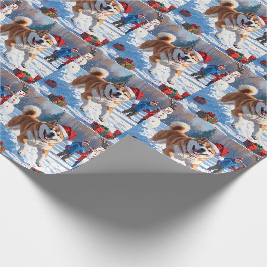 Akita Kerst Feestelijke Sneeuwscène Cadeaupapier (Hoek)