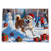 Akita Kerst Feestelijke Sneeuwscène Groot Cadeauzakje (Voorkant)