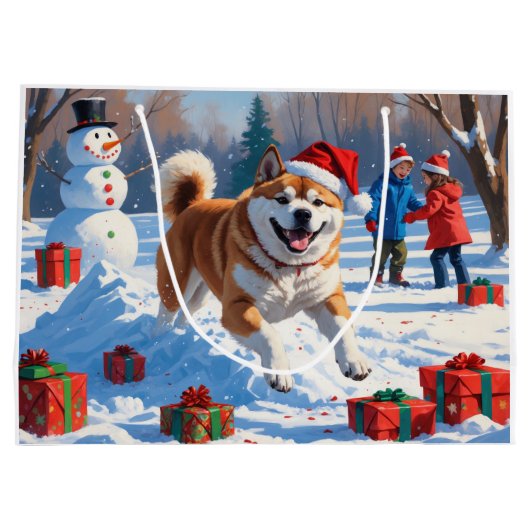 Akita Kerst Feestelijke Sneeuwscène Groot Cadeauzakje (Achterkant)