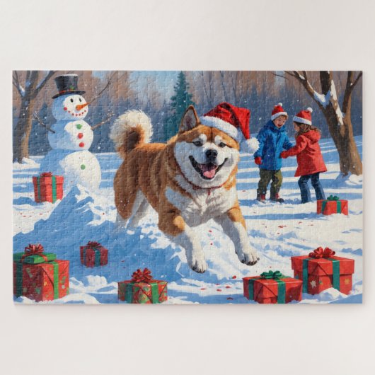 Akita Kerst Feestelijke Sneeuwscène Legpuzzel (Horizontaal)